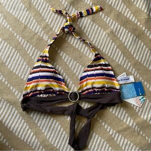 Vintage Y2K Brown Blue & Orange Striped Halter Bikini Top w Ring Detail *D Cup